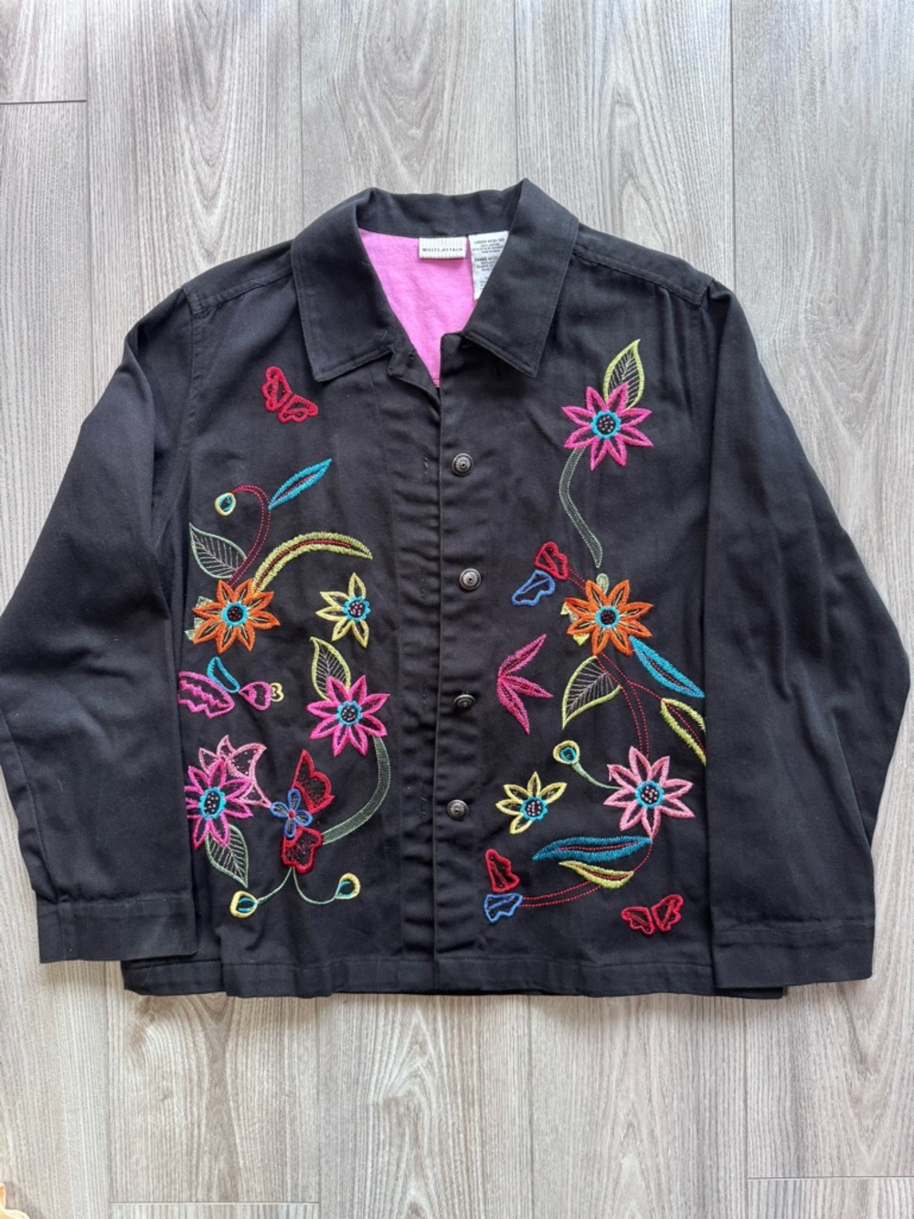 White Stag Black Jean Jacket with Multicolor Floral Embroidery